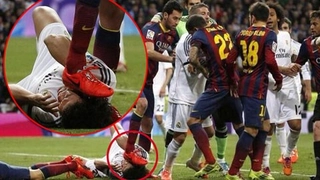 Busquets thẳng chân giẫm lên mặt Pepe