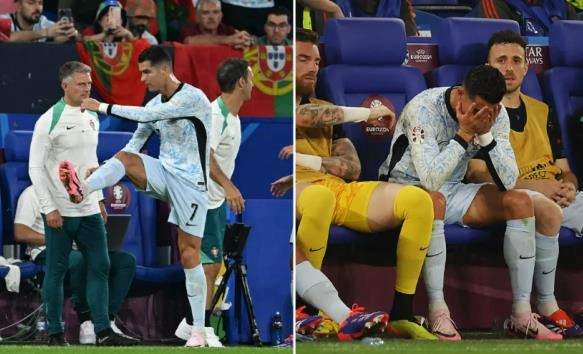 Ronaldo tức giận rồi ôm mặt khi rời sân trước Georgia